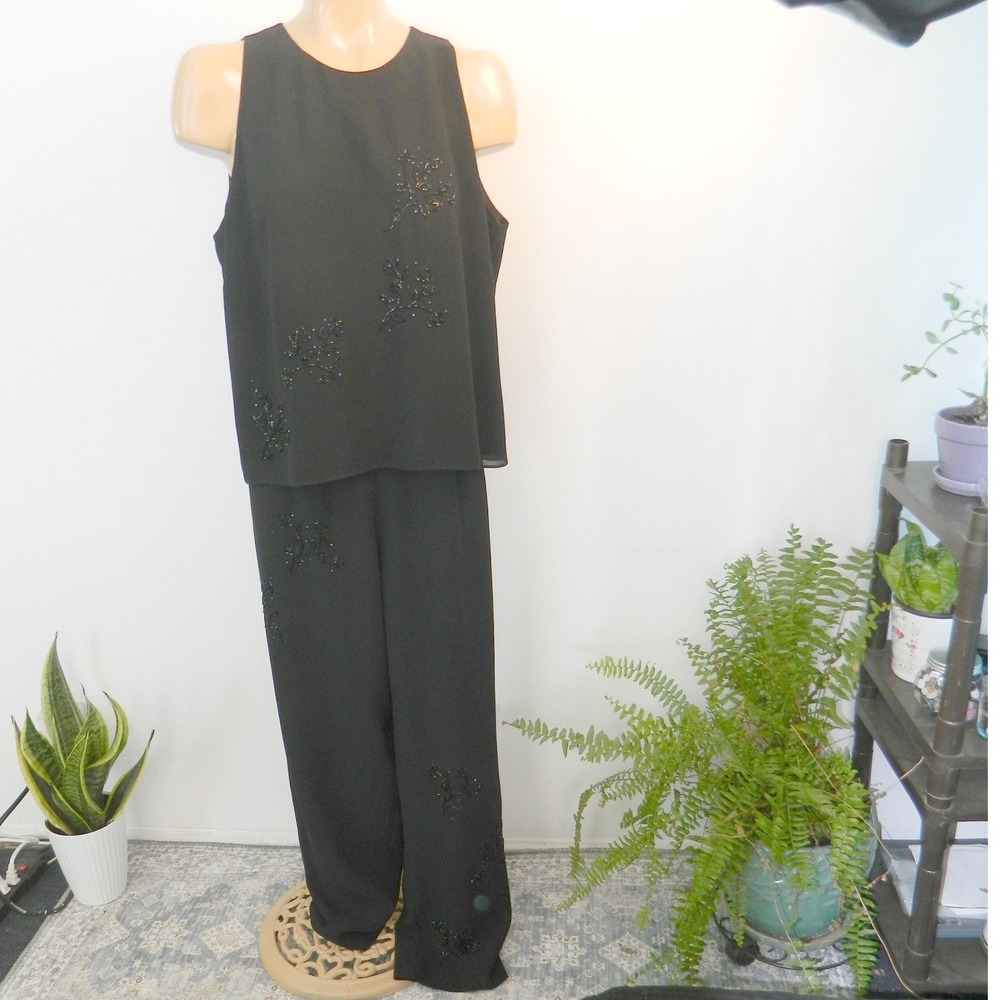 After Dark Beaded Floral Evening Pant Set Women L Black Sleeveless Top Tapered
